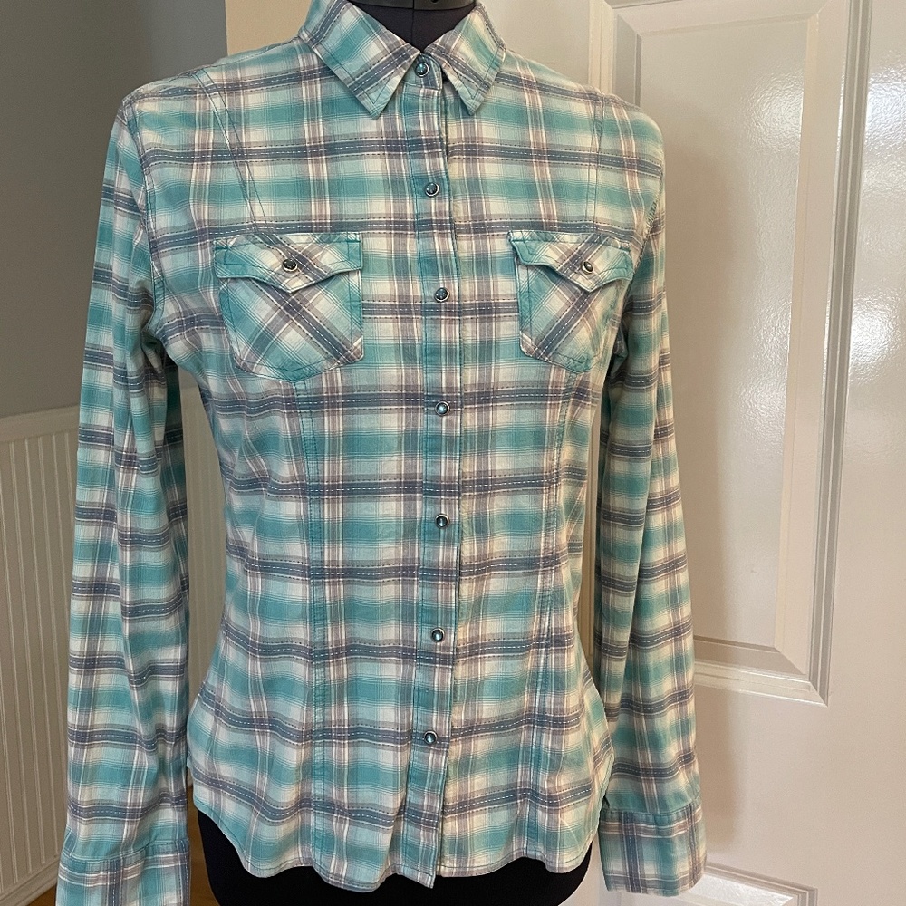 Lilu Blue Gray Snap Button Down Collared Western Shirt Checkered Plaid Medium